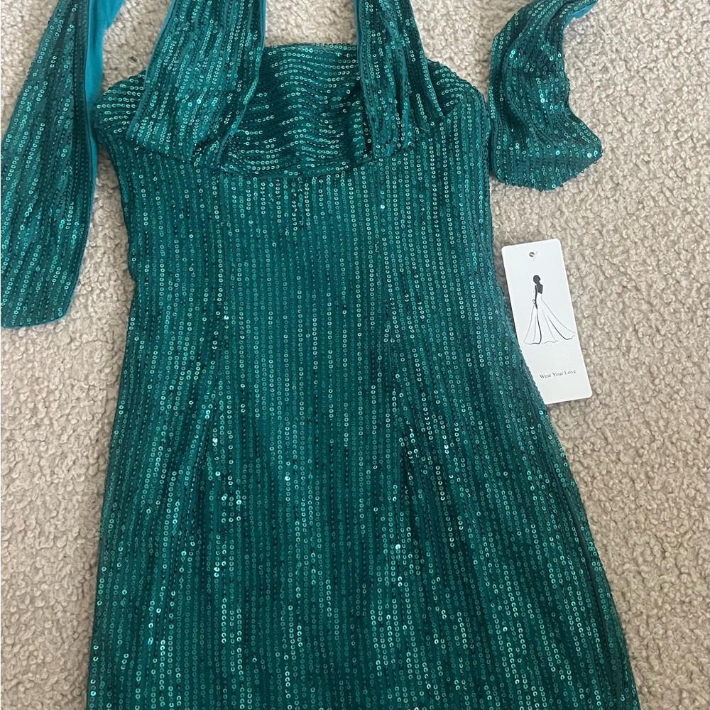 Teal Sequin Halter Dress